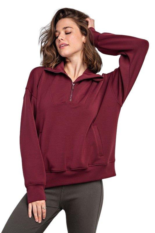 Modal Quarter Zip Funnel Neck Pullover Wine Activewear