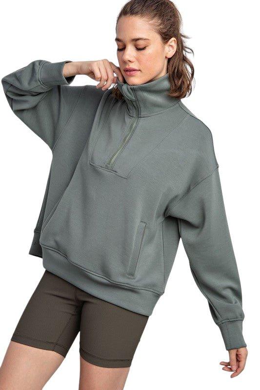 Modal Quarter Zip Funnel Neck Pullover Sage Leaf S Activewear