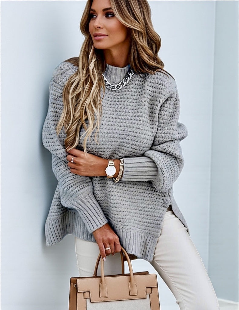 Grey Full Size Side Slit Loose Fit Mock Neck Sweater | Sweaters Daverri Fashions