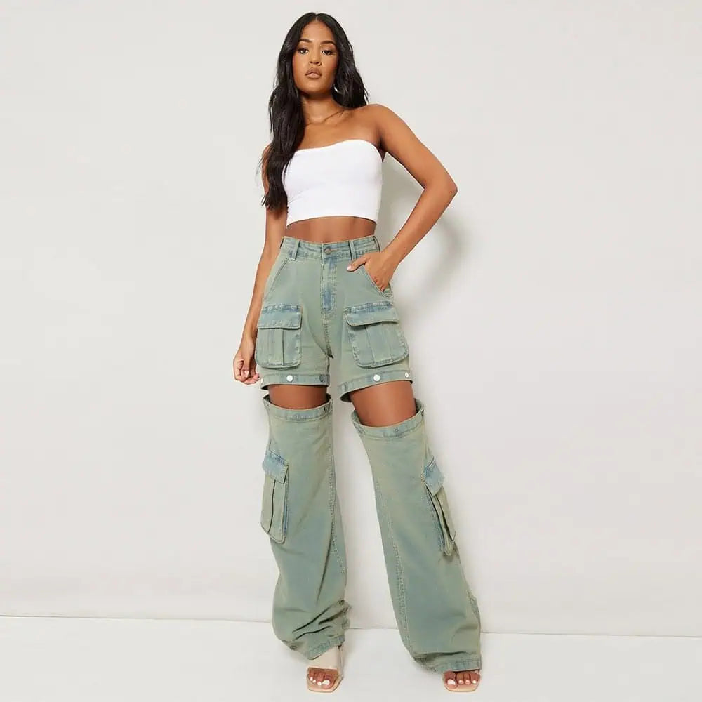 High-Waisted Convertible Cargo Jeans | Cargo Jeans Daverri Fashions