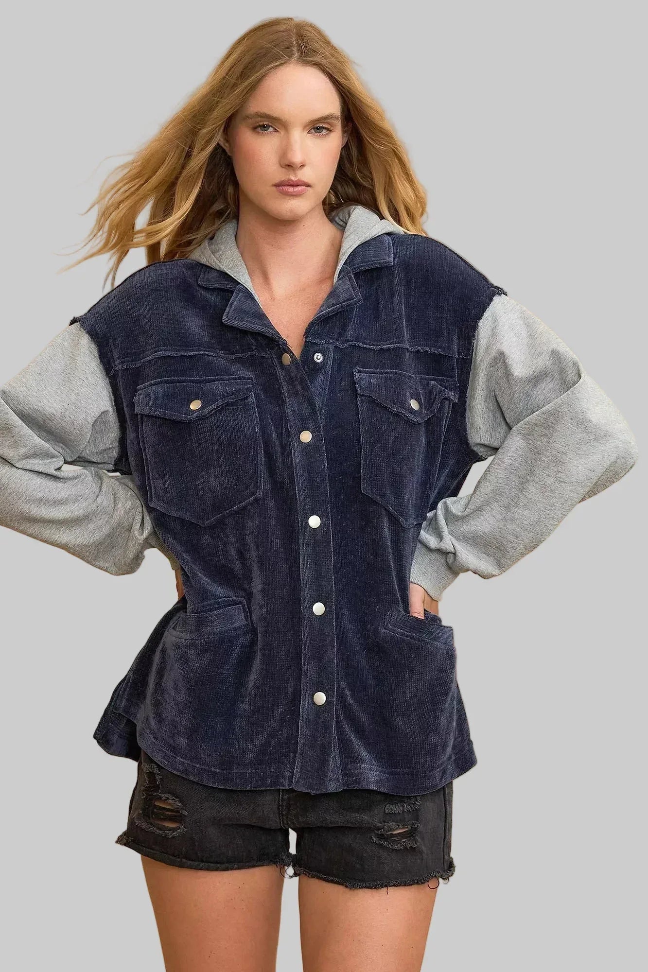 Umgee Contrast Hooded Chenille Jacket Midnight - DAVERRI FASHIONS