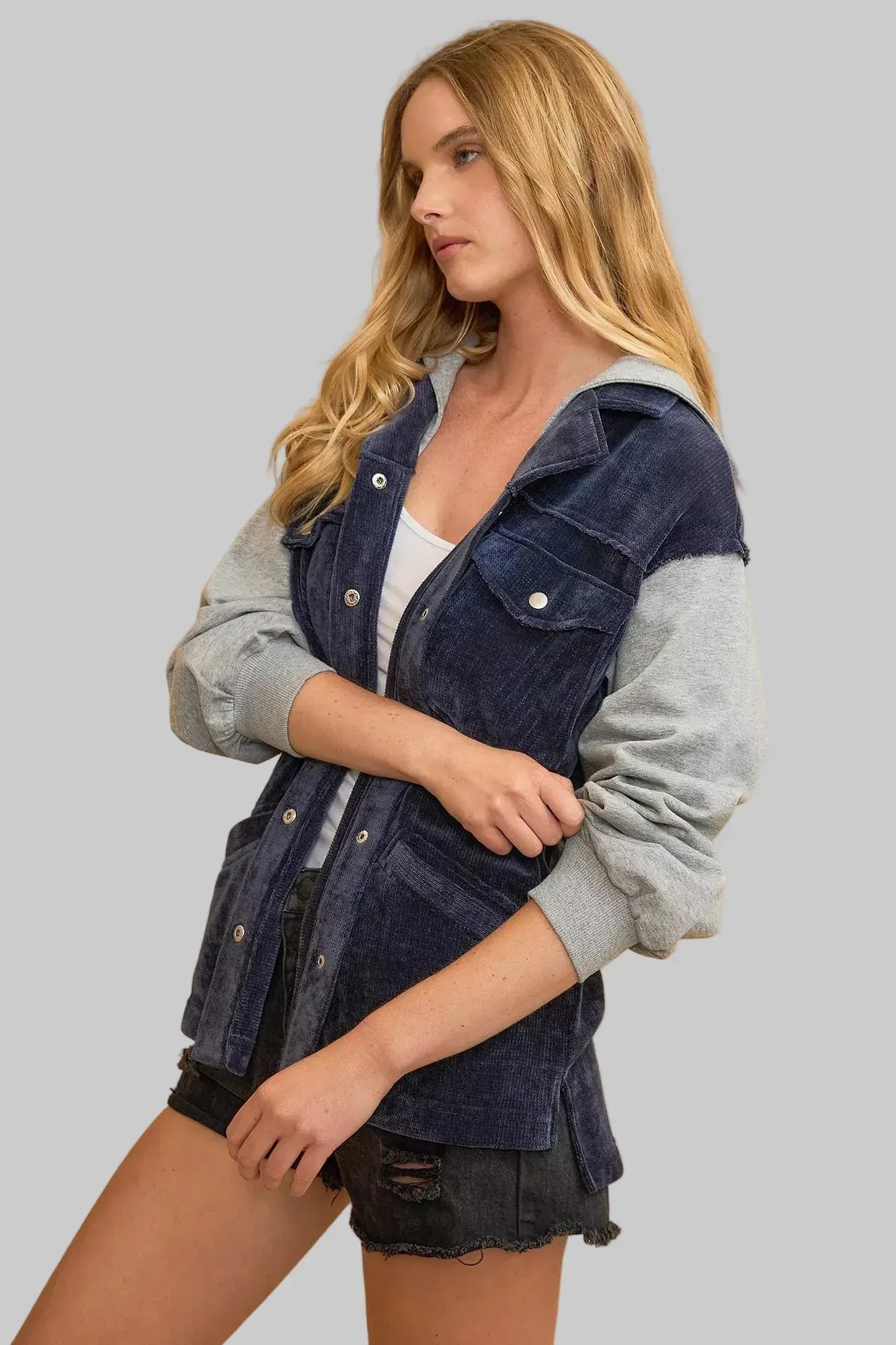 Umgee Contrast Hooded Chenille Jacket Midnight - DAVERRI FASHIONS