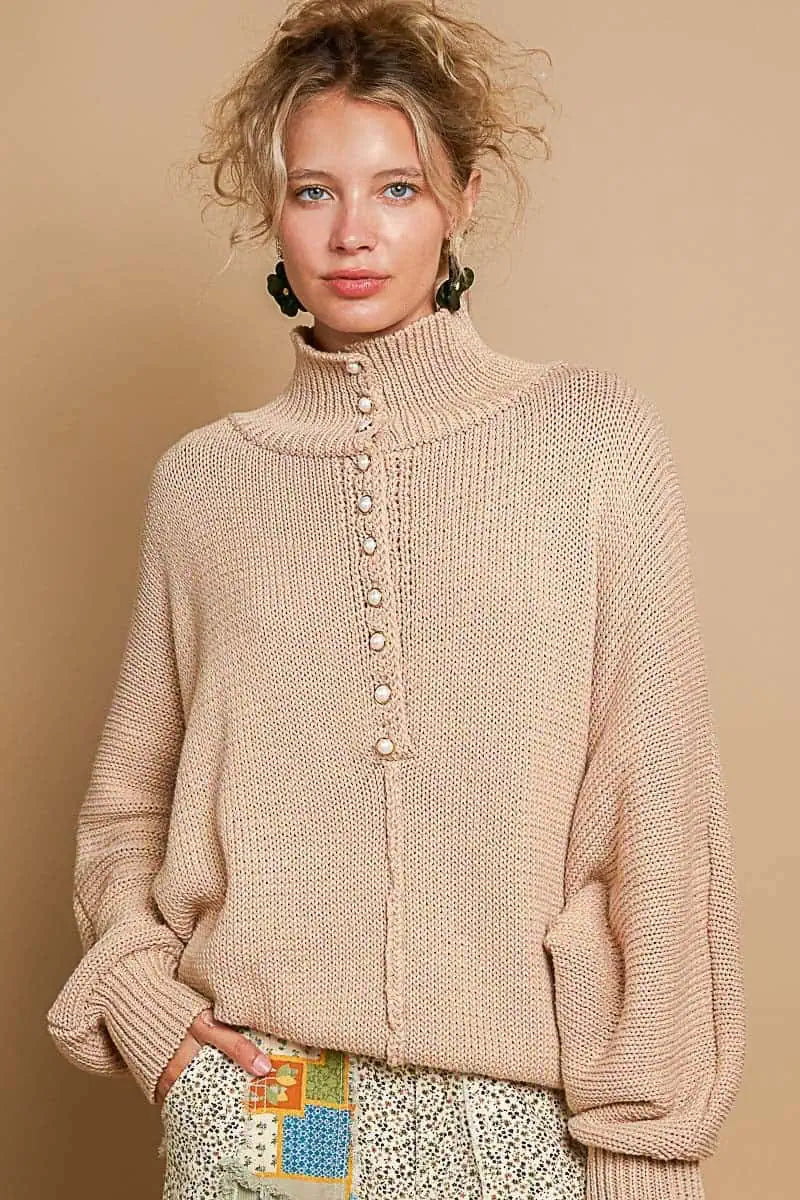 Pearl Detail Turtleneck Long Sleeve Sweater Tops