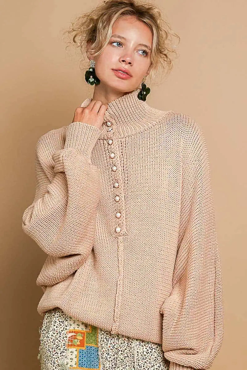 Pearl Detail Turtleneck Long Sleeve Sweater Tops