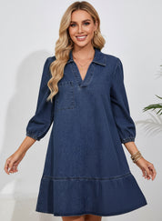 V Neck Collared Single Chest Pocket Long Sleeve Denim Dress | Mini Dresses Daverri Fashions