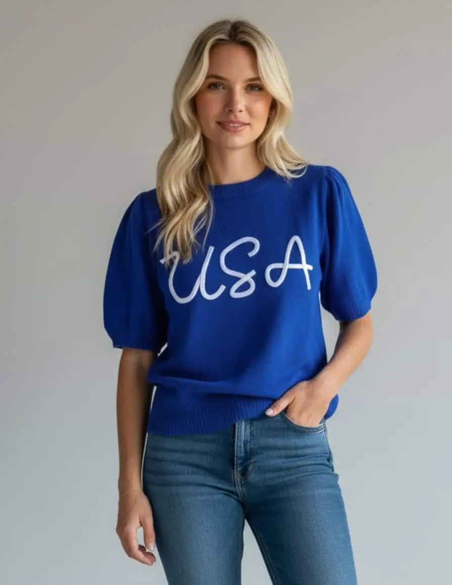 Haptics Patriotic USA Blue Knit Embroidery Puff Sleeve Sweater Top | Sweaters Daverri Fashions