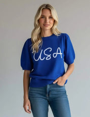Haptics Patriotic USA Blue Knit Embroidery Puff Sleeve Sweater Top