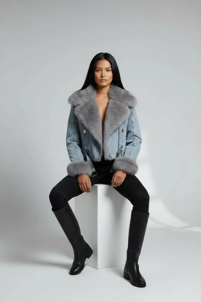 Full Size Faux Fur Collar Denim Jacket Plus Size - DAVERRI FASHIONS