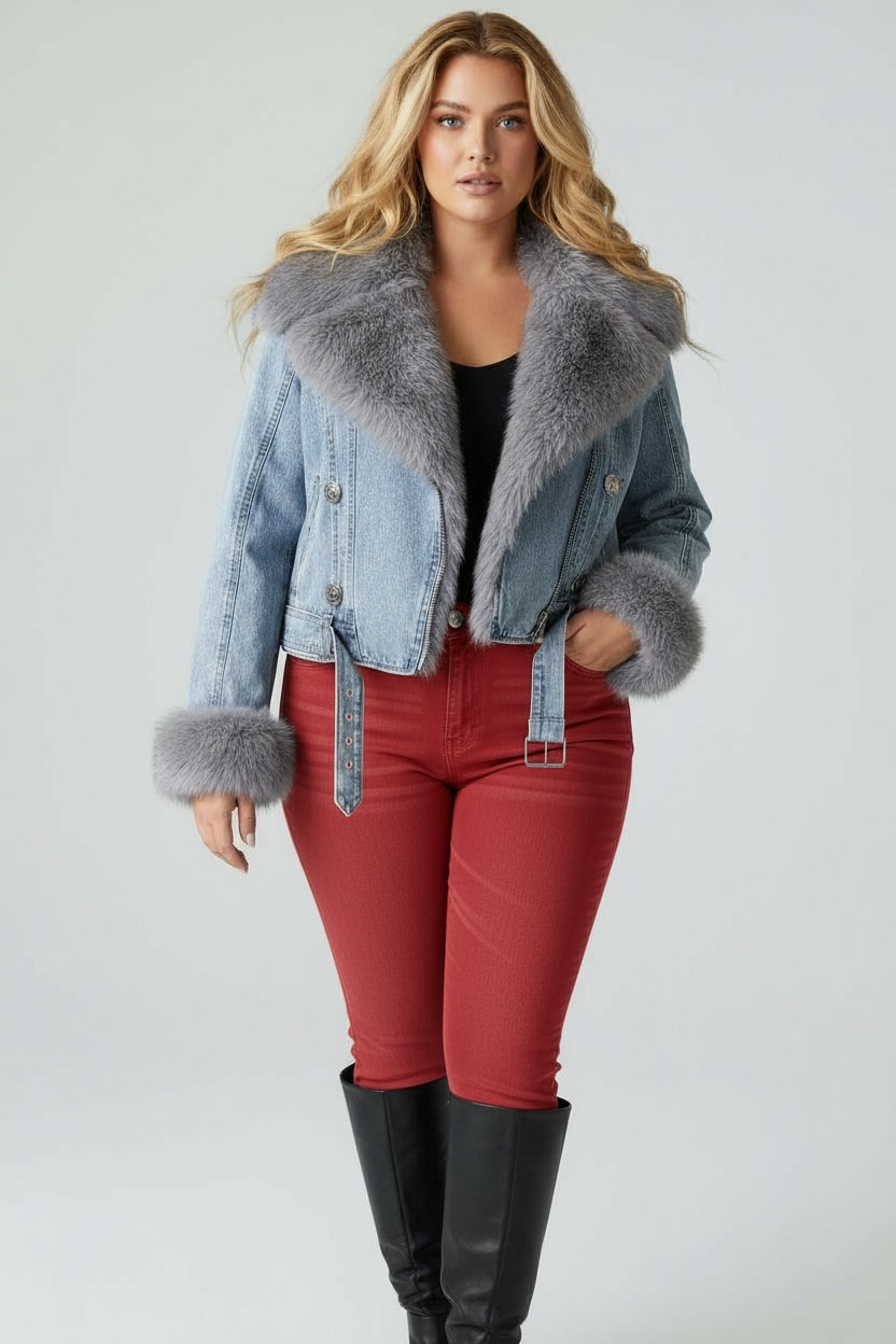 Full Size Faux Fur Collar Denim Jacket Plus Size | Jackets Daverri Fashions