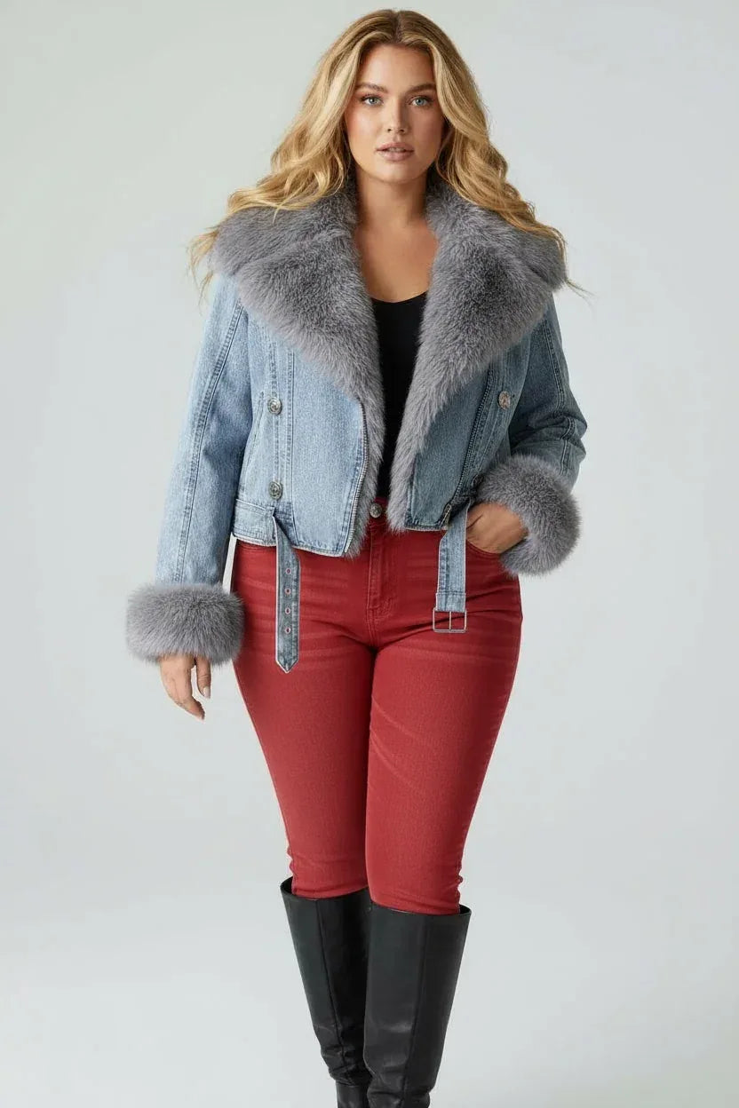 Full Size Faux Fur Collar Denim Jacket Plus Size - DAVERRI FASHIONS