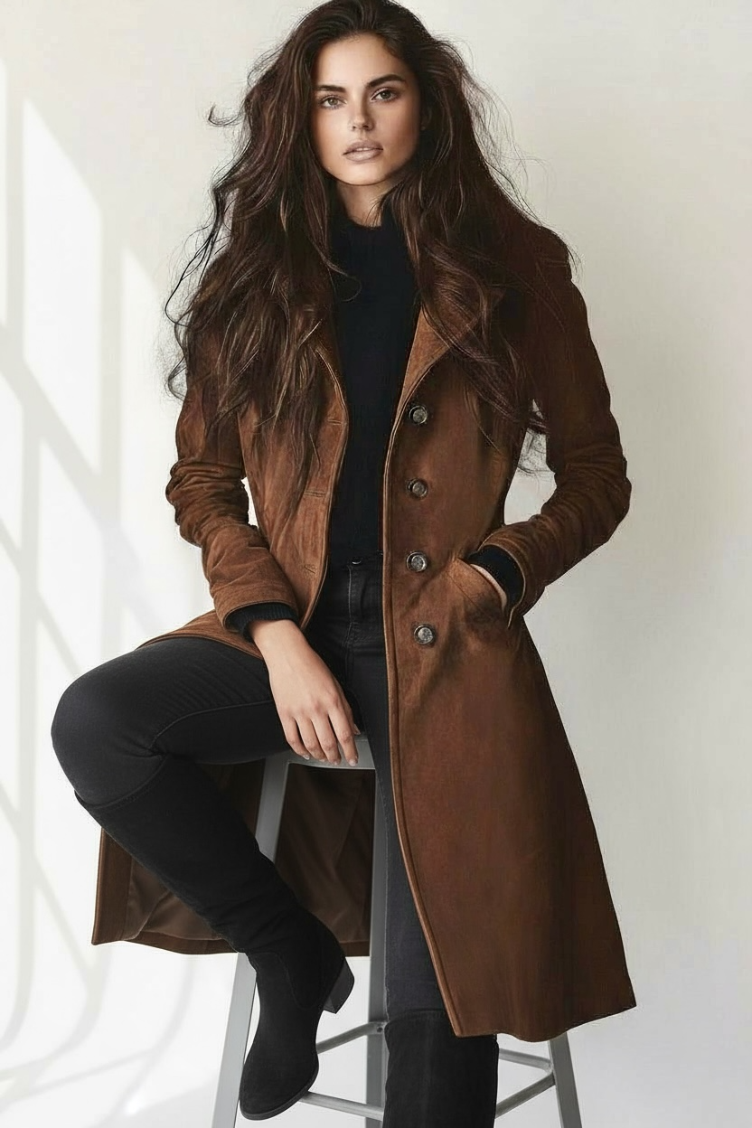 Brown leather trench coat with fur trim and double-breasted buttons