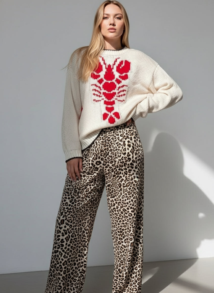 Full Size Lobster Contrast Trim Round Neck Sweater Plus Size | Sweaters Daverri Fashions