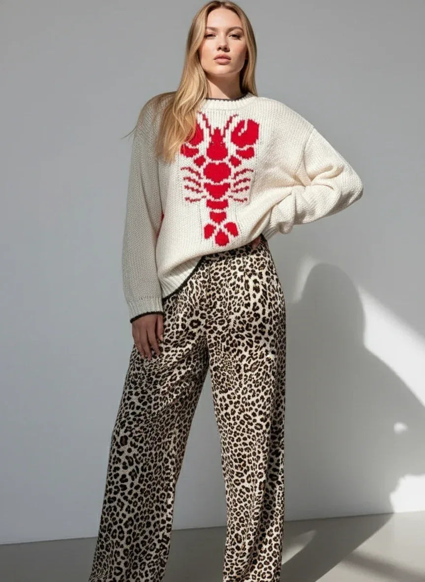 Full Size Lobster Contrast Trim Round Neck Sweater Plus Size - DAVERRI FASHIONS