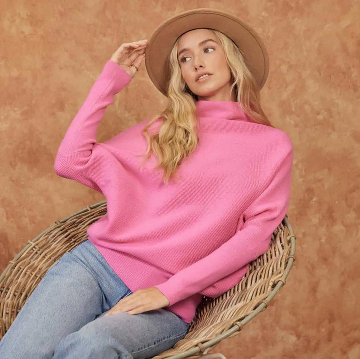 Hot Pink Slouch Neck Dolman Sleeve Sweater Sweaters