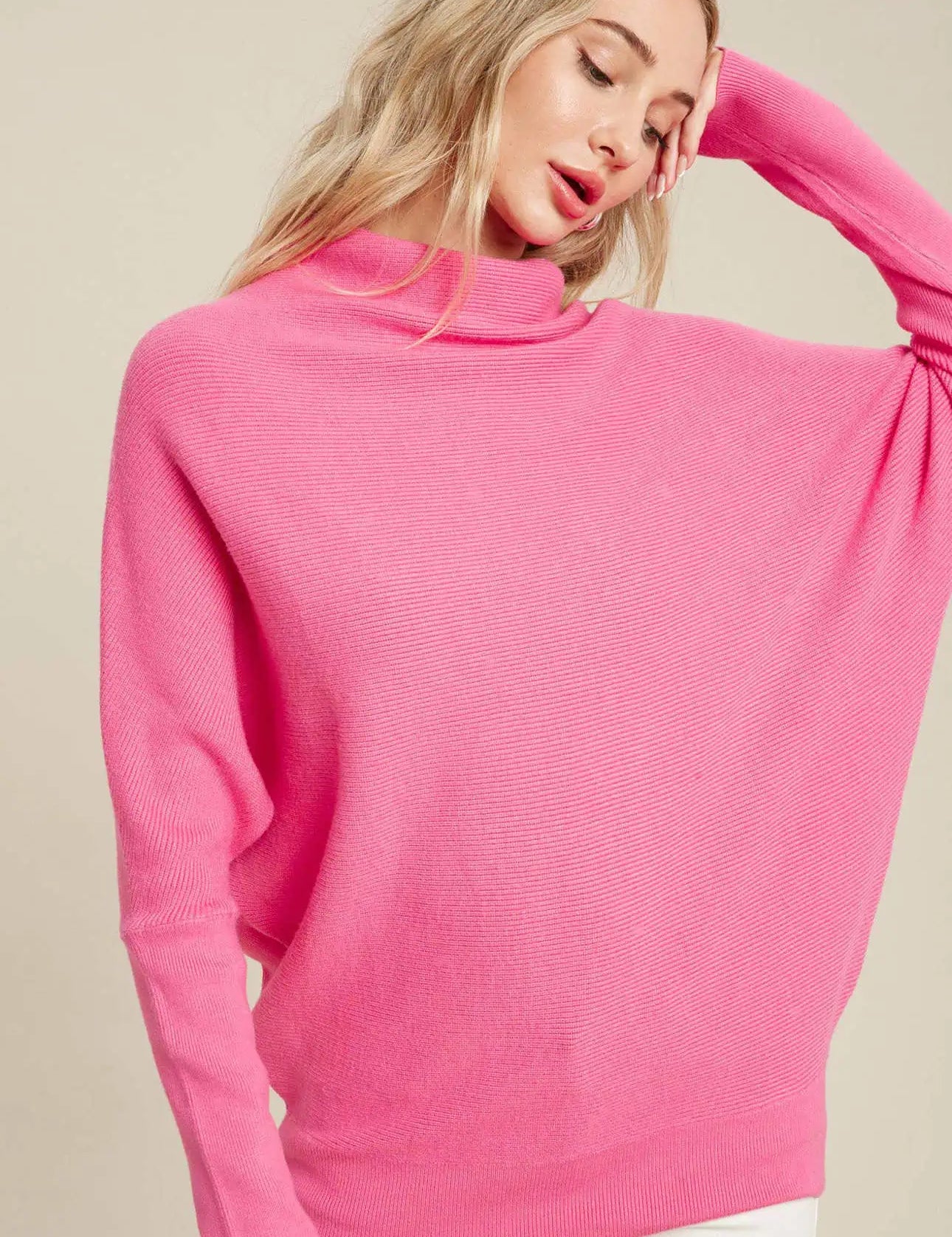 Hot Pink Slouch Neck Dolman Sleeve Sweater Sweaters