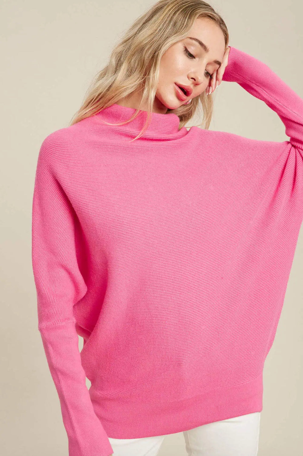 Hot Pink Slouch Neck Dolman Sleeve Sweater-Daverri Fashions