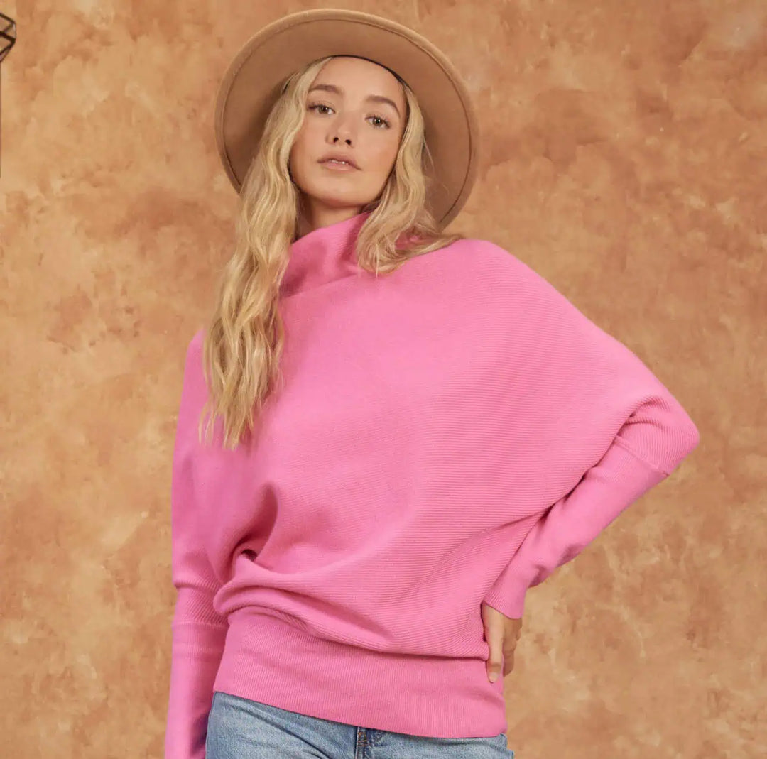 Hot Pink Slouch Neck Dolman Sleeve Sweater Sweaters