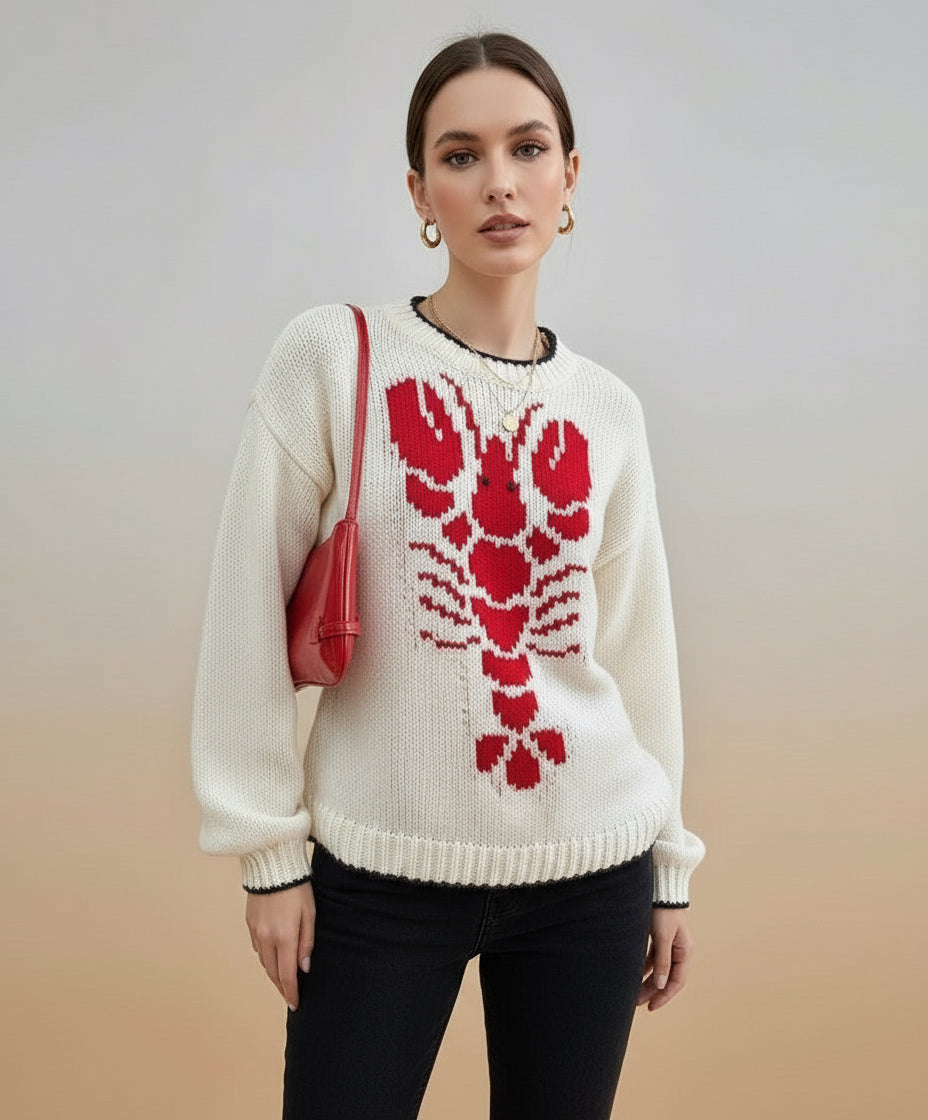 Full Size Lobster Contrast Trim Round Neck Sweater Plus Size