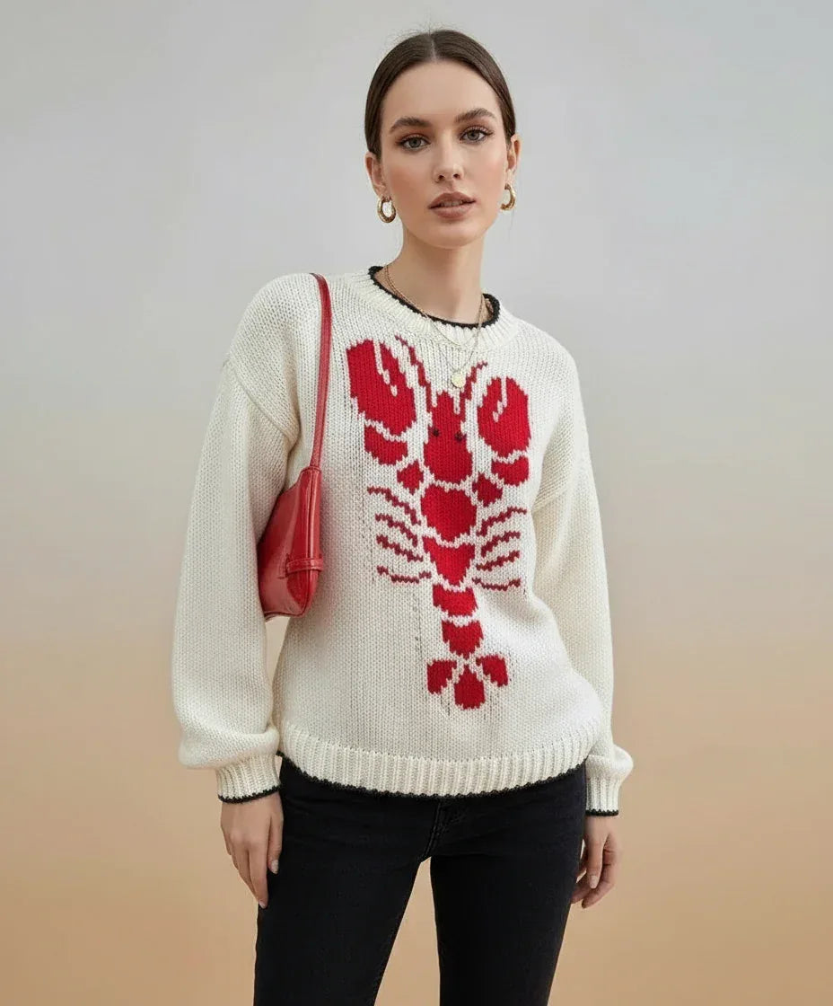 Full Size Lobster Contrast Trim Round Neck Sweater Plus Size - DAVERRI FASHIONS