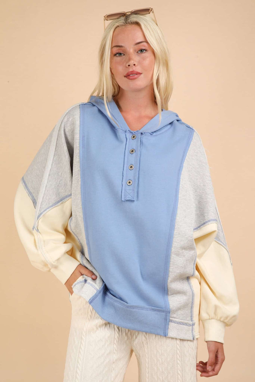 VERY J Exposed Seam Color Block Half Button Hoodie Tops