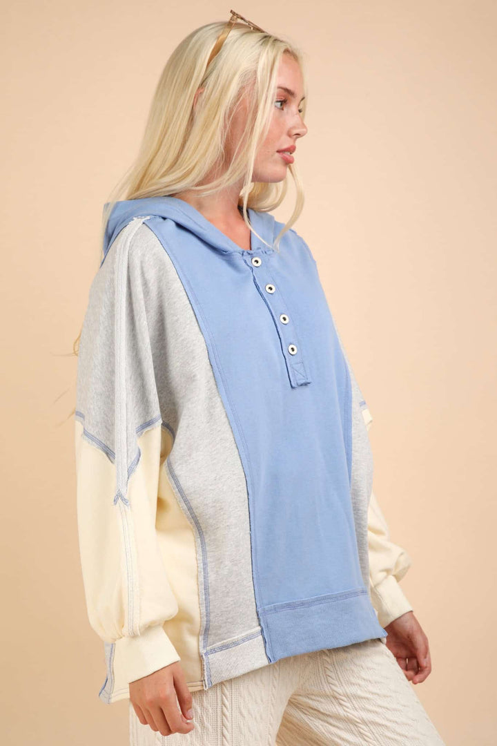 VERY J Exposed Seam Color Block Half Button Hoodie Tops