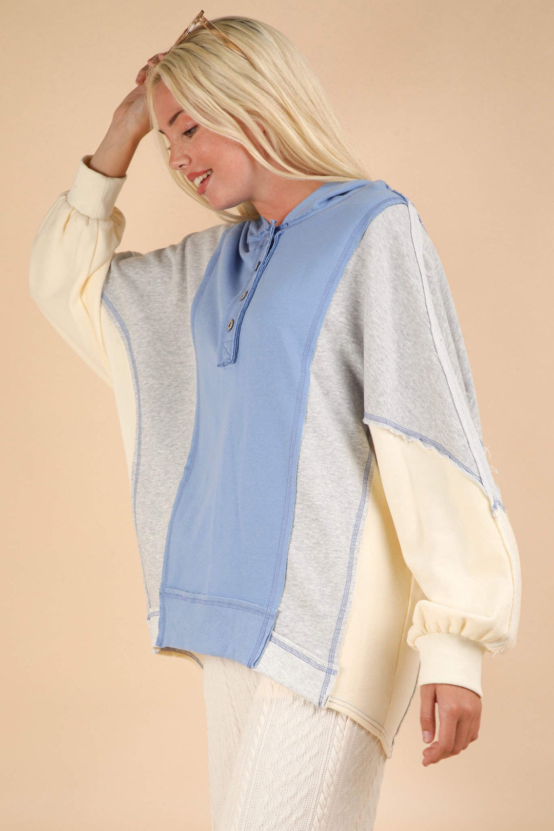 VERY J Exposed Seam Color Block Half Button Hoodie Tops