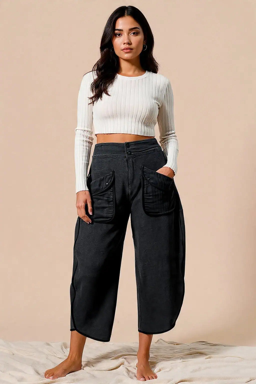 BiBi Washed Terry Pants with Pockets. Black Charcoal