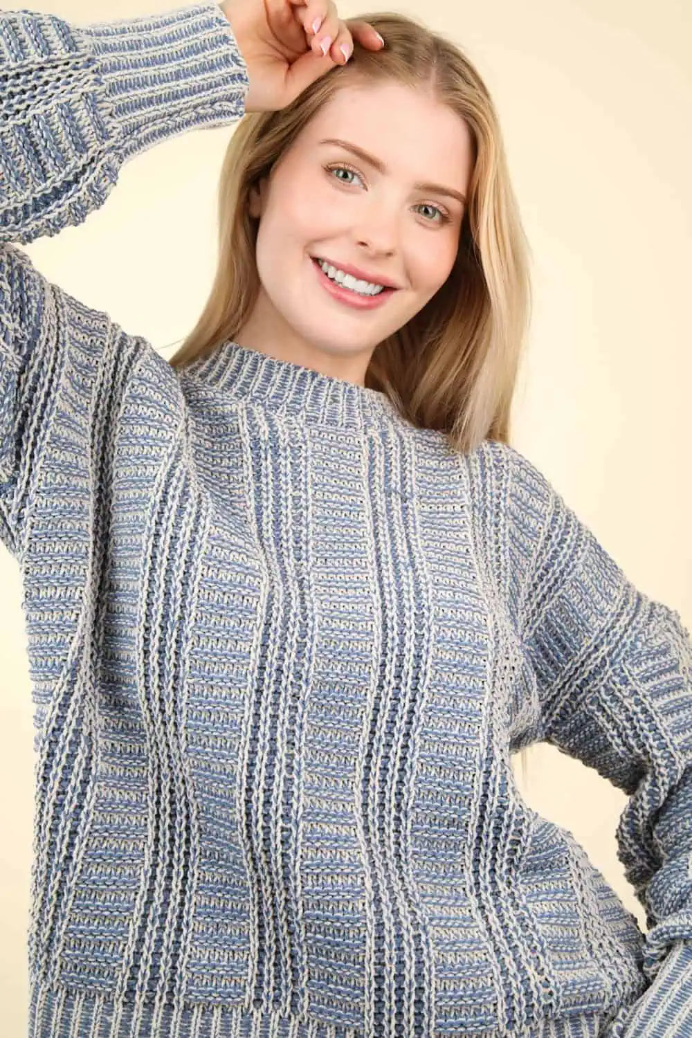 VERY J Two Tone Long Sleeve Sweater Tops