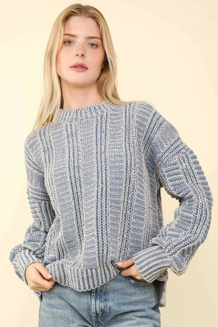 VERY J Two Tone Long Sleeve Sweater Tops