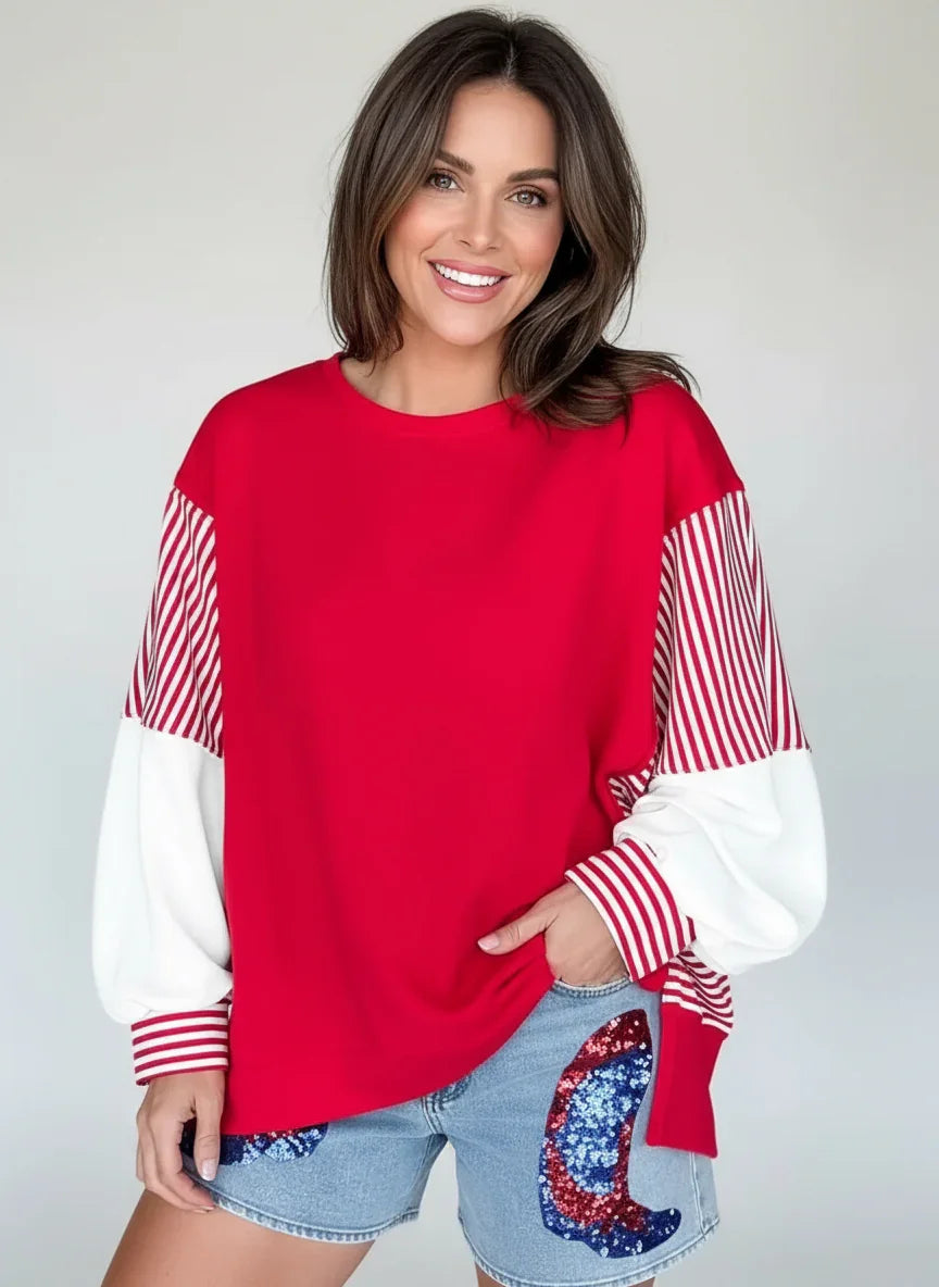 Red and white striped patchwork sleeve colorblock sweatshirt