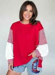 Red and white striped patchwork sleeve colorblock sweatshirt
