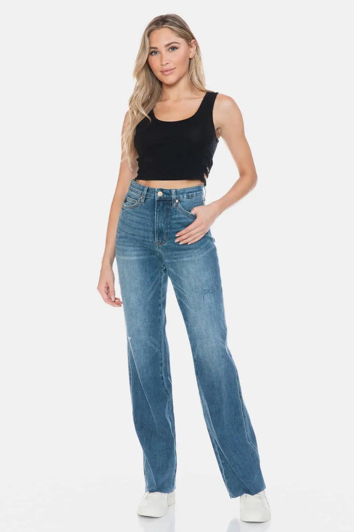 Judy Blue Tummy Control Cut Raw Hem Straight Jeans Bottoms