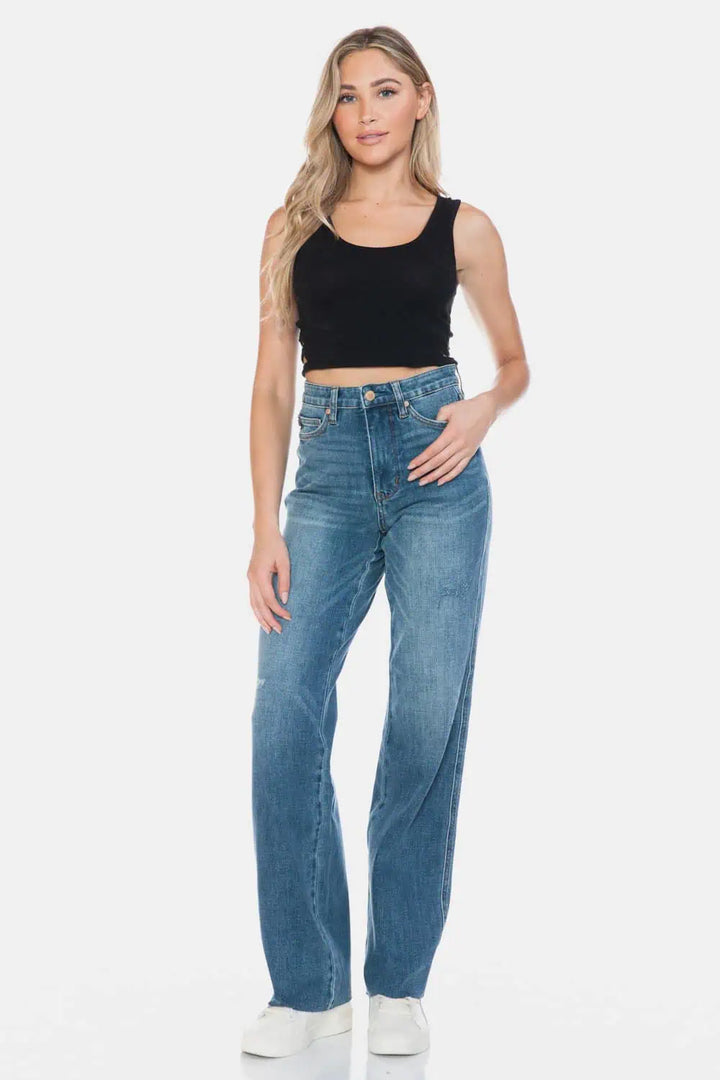 Judy Blue Tummy Control Cut Raw Hem Straight Jeans Bottoms