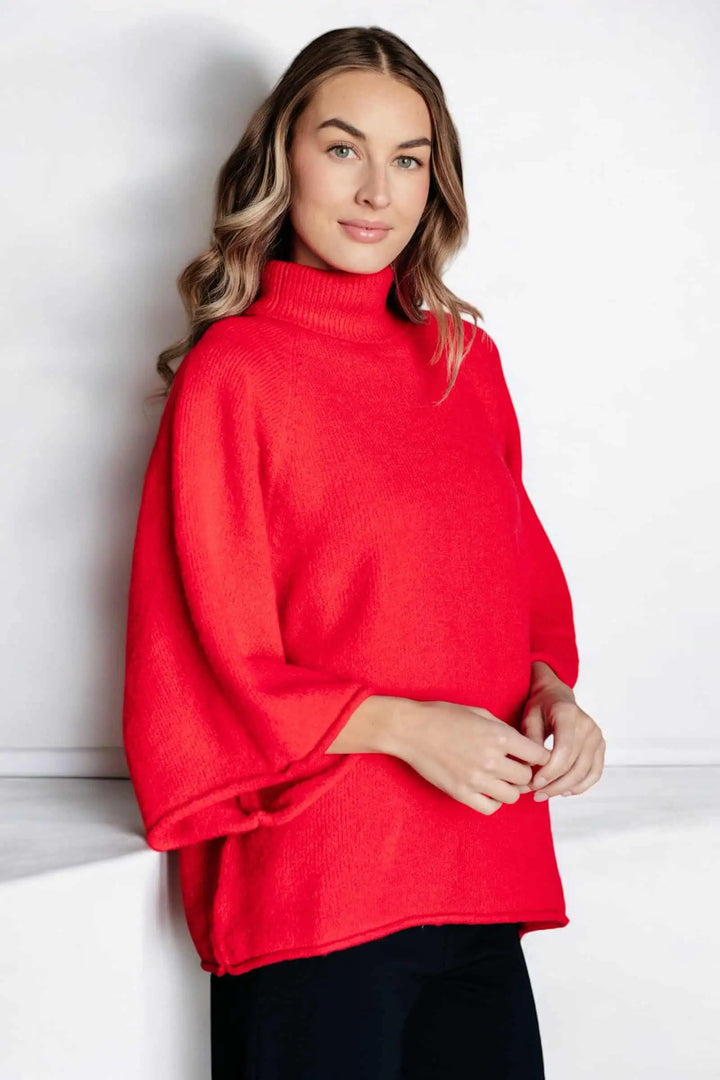 Jodifl 3/4 Sleeve Red Turtleneck Sweater Tops