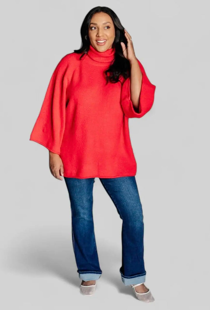 Jodifl 3/4 Sleeve Red Turtleneck Sweater Tops