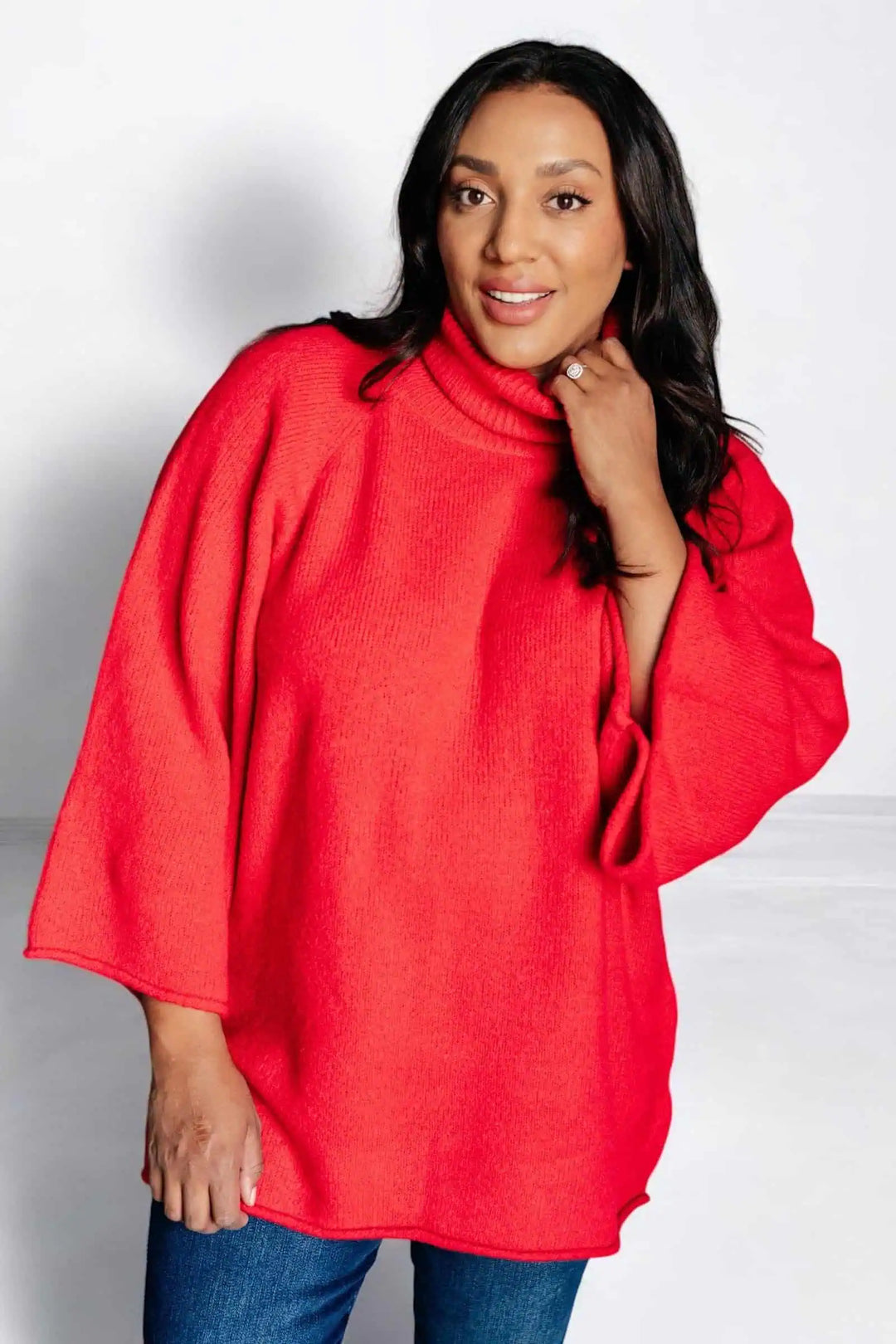 Jodifl 3/4 Sleeve Red Turtleneck Sweater Tops