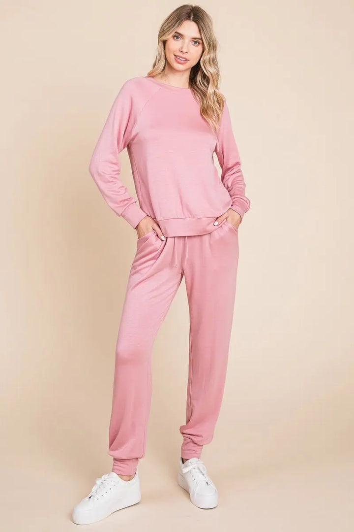 Round Neck Raglan Sleeve Top and Drawstring Pants Lounge Set Lounge Set