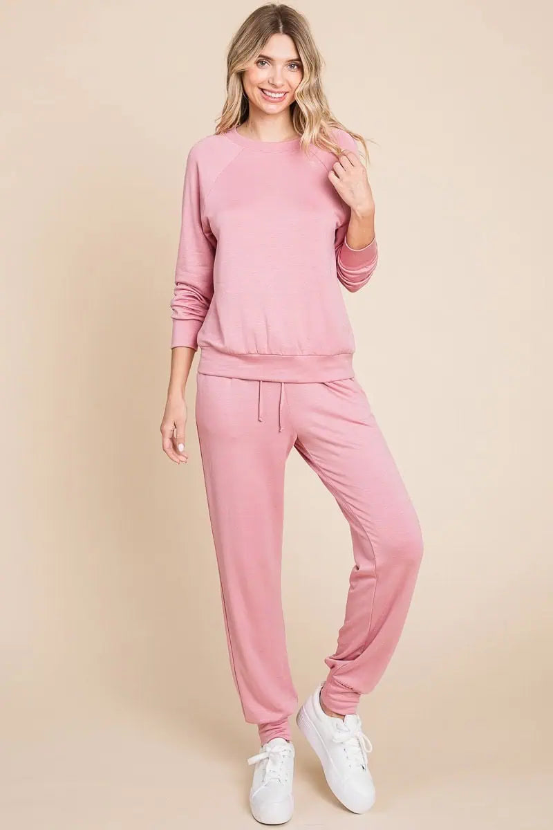 Round Neck Raglan Sleeve Top and Drawstring Pants Lounge Set Lounge Set