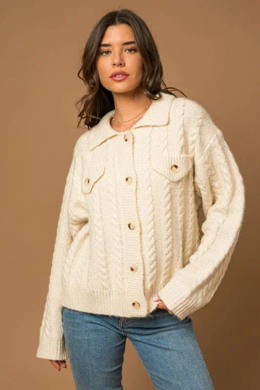 Collared Cable Sweater Cardigan Cardigans