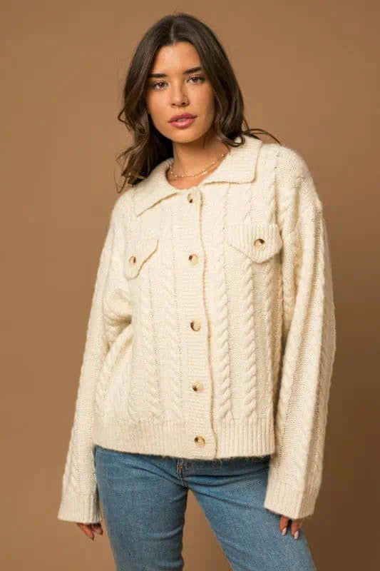 Collared Cable Sweater Cardigan Cardigans