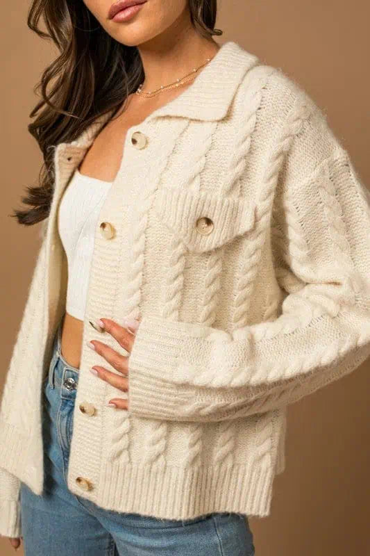 Collared Cable Sweater Cardigan Cardigans