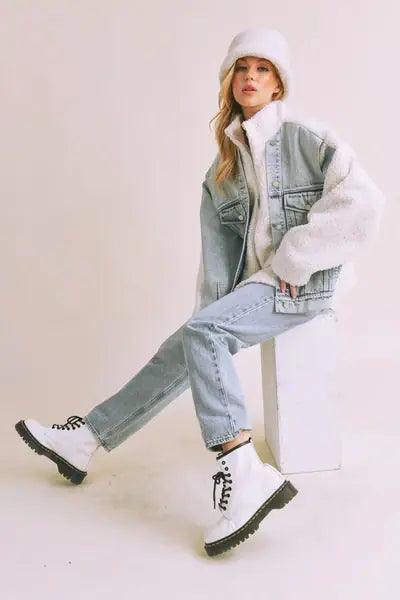 Loose Fit Sherpa Denim Jacket - DAVERRI FASHIONS