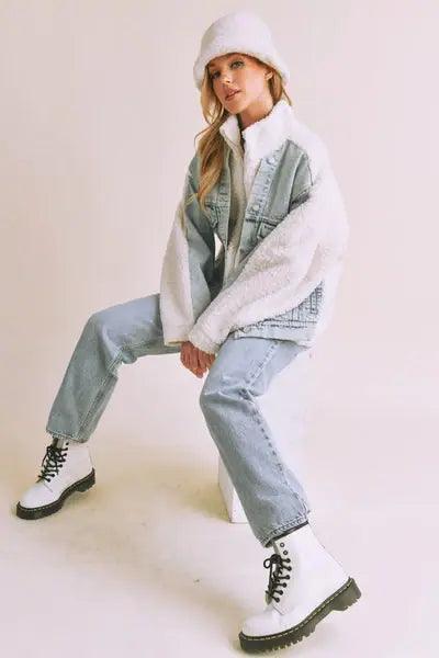 Loose Fit Sherpa Denim Jacket - DAVERRI FASHIONS
