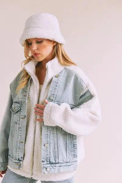 Loose Fit Sherpa Denim Jacket - DAVERRI FASHIONS