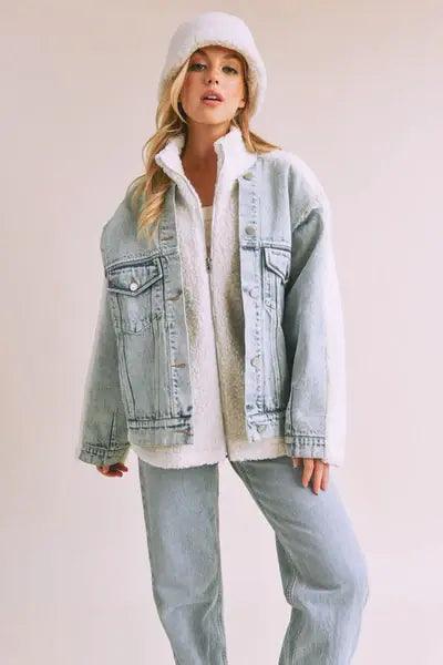 Loose Fit Sherpa Denim Jacket - DAVERRI FASHIONS