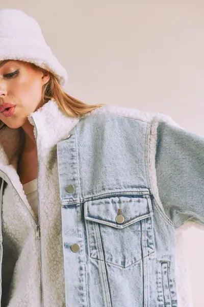 Loose Fit Sherpa Denim Jacket - DAVERRI FASHIONS