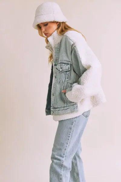 Loose Fit Sherpa Denim Jacket - DAVERRI FASHIONS