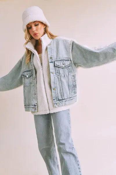 Loose Fit Sherpa Denim Jacket - DAVERRI FASHIONS