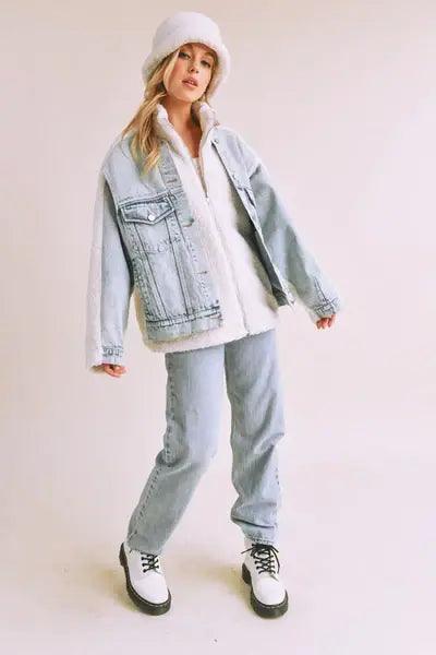 Loose Fit Sherpa Denim Jacket - DAVERRI FASHIONS