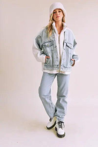 Loose Fit Sherpa Denim Jacket - DAVERRI FASHIONS